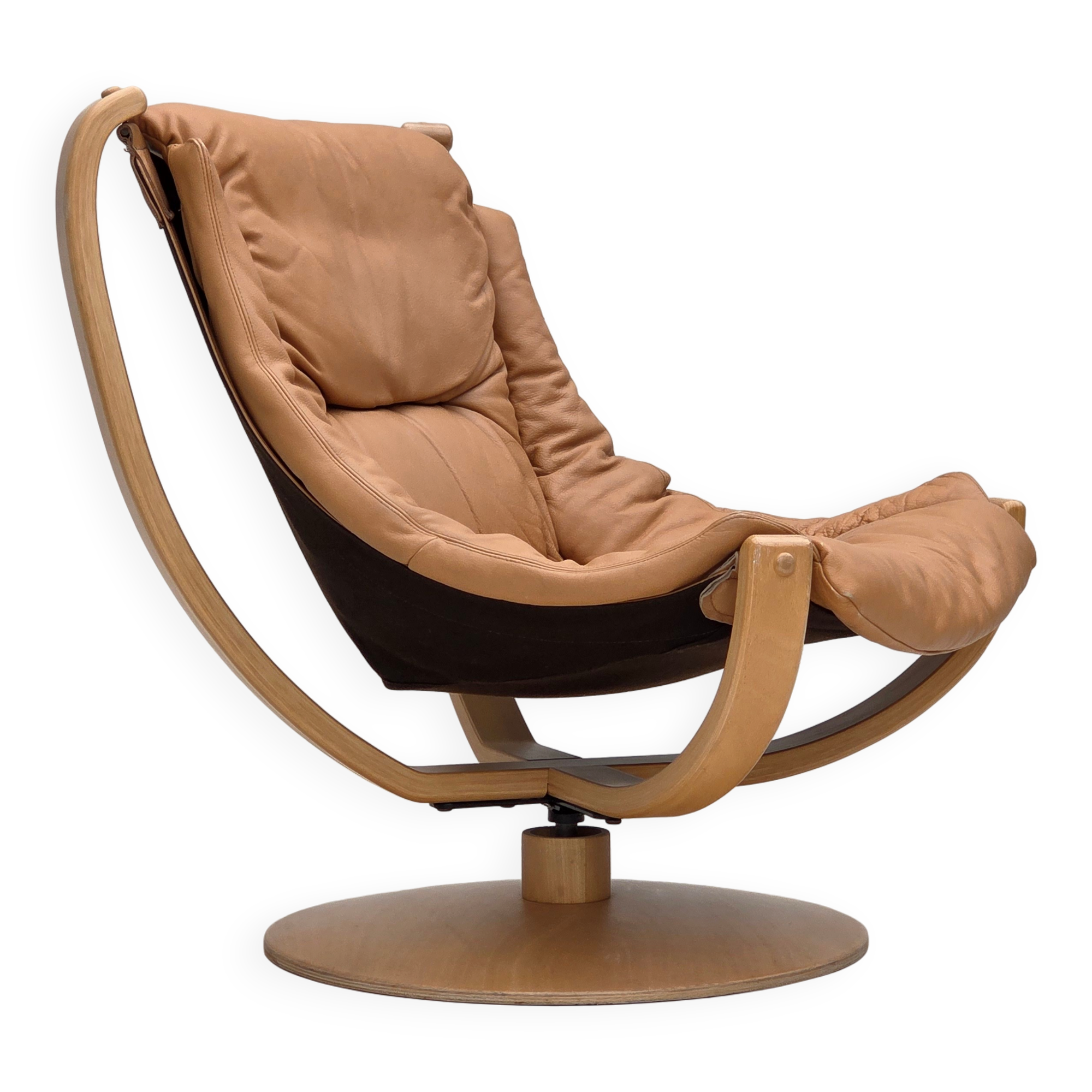 1980s, Scandinavian swivel armchair, furniture leather, bent wood.