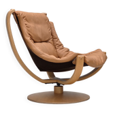 1980s, Scandinavian swivel armchair, furniture leather, bent wood.
