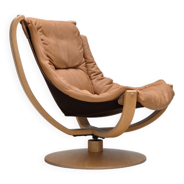 1980s, Scandinavian swivel armchair, furniture leather, bent wood.