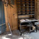 Steel postal sorting with stripped stool - patinated graphite 1950