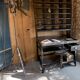 Steel postal sorting with stripped stool - patinated graphite 1950