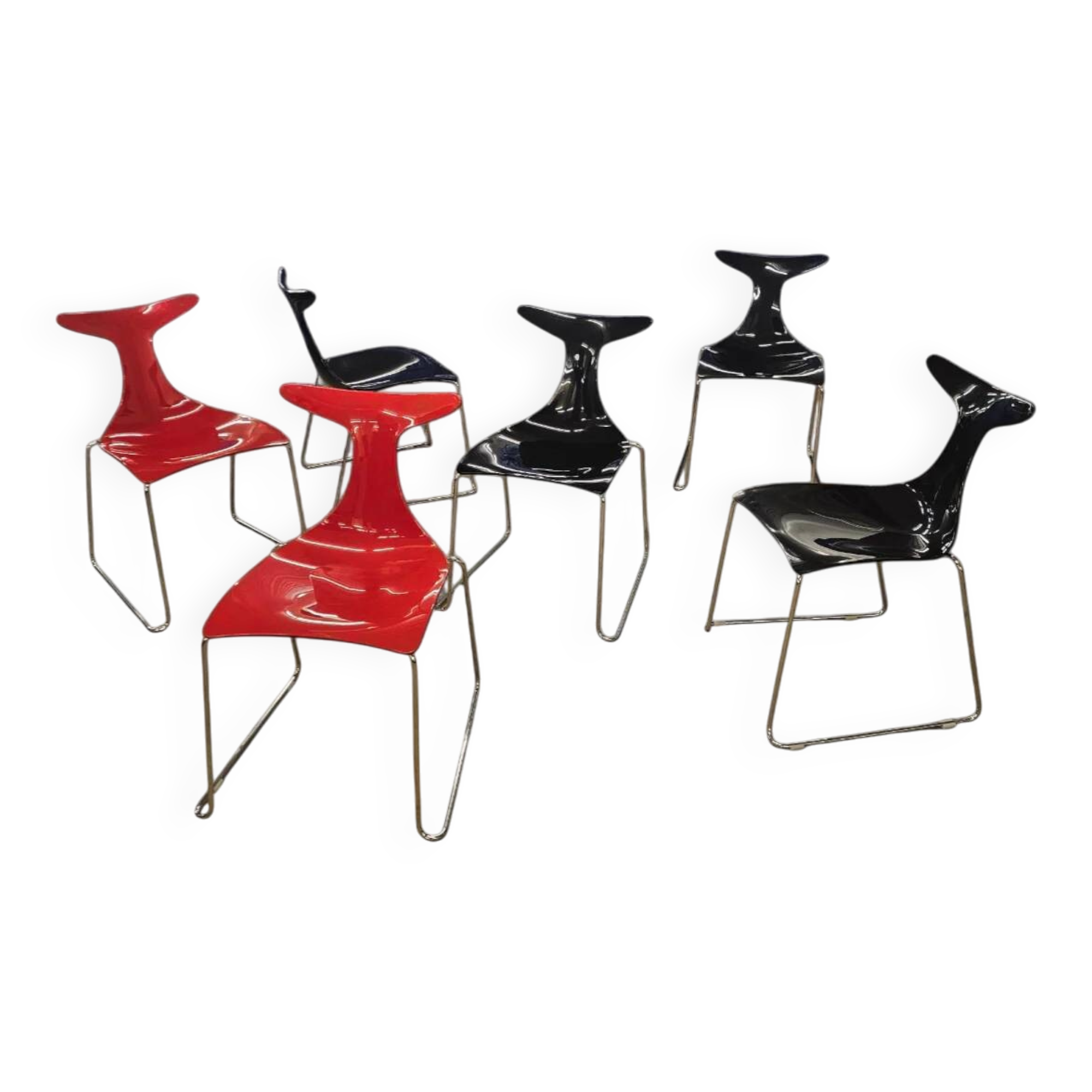 6 x Delfy chair by Gino Carollo for Ciacci Kreaty / Italy 1990s / 2 x red - 4 x black