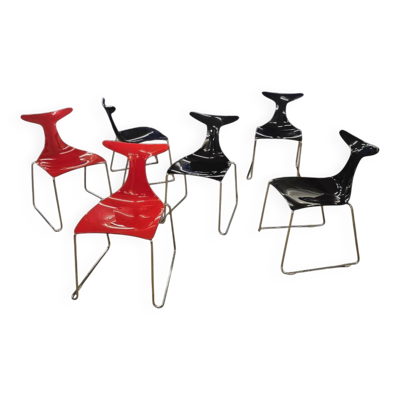 6 chaises Delfy par Gino Carollo pour Ciacci Kreaty / Italie années 1990 / 2 x rouges - 4 x noires