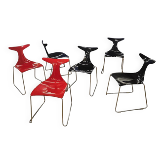 6 x Delfy chair by Gino Carollo for Ciacci Kreaty / Italy 1990s / 2 x red - 4 x black