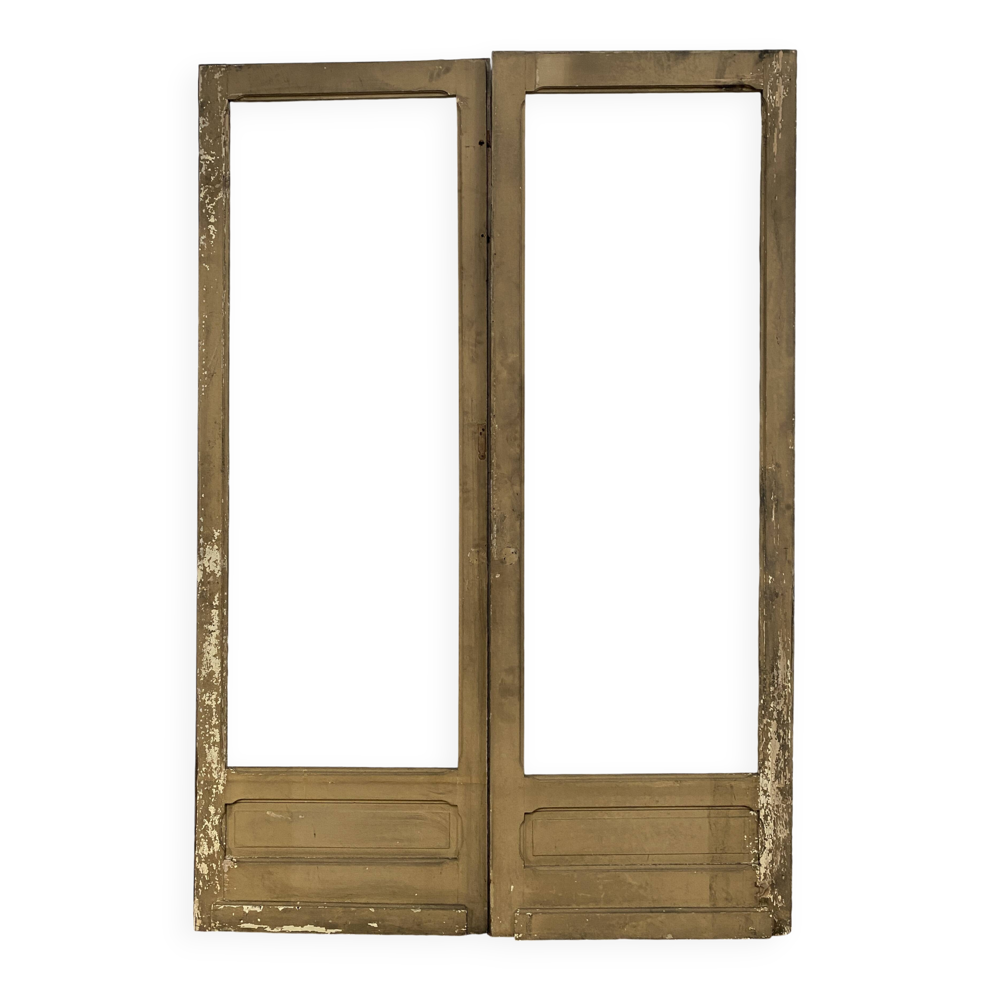 Double glass and patinated fir passage doors, 20th century