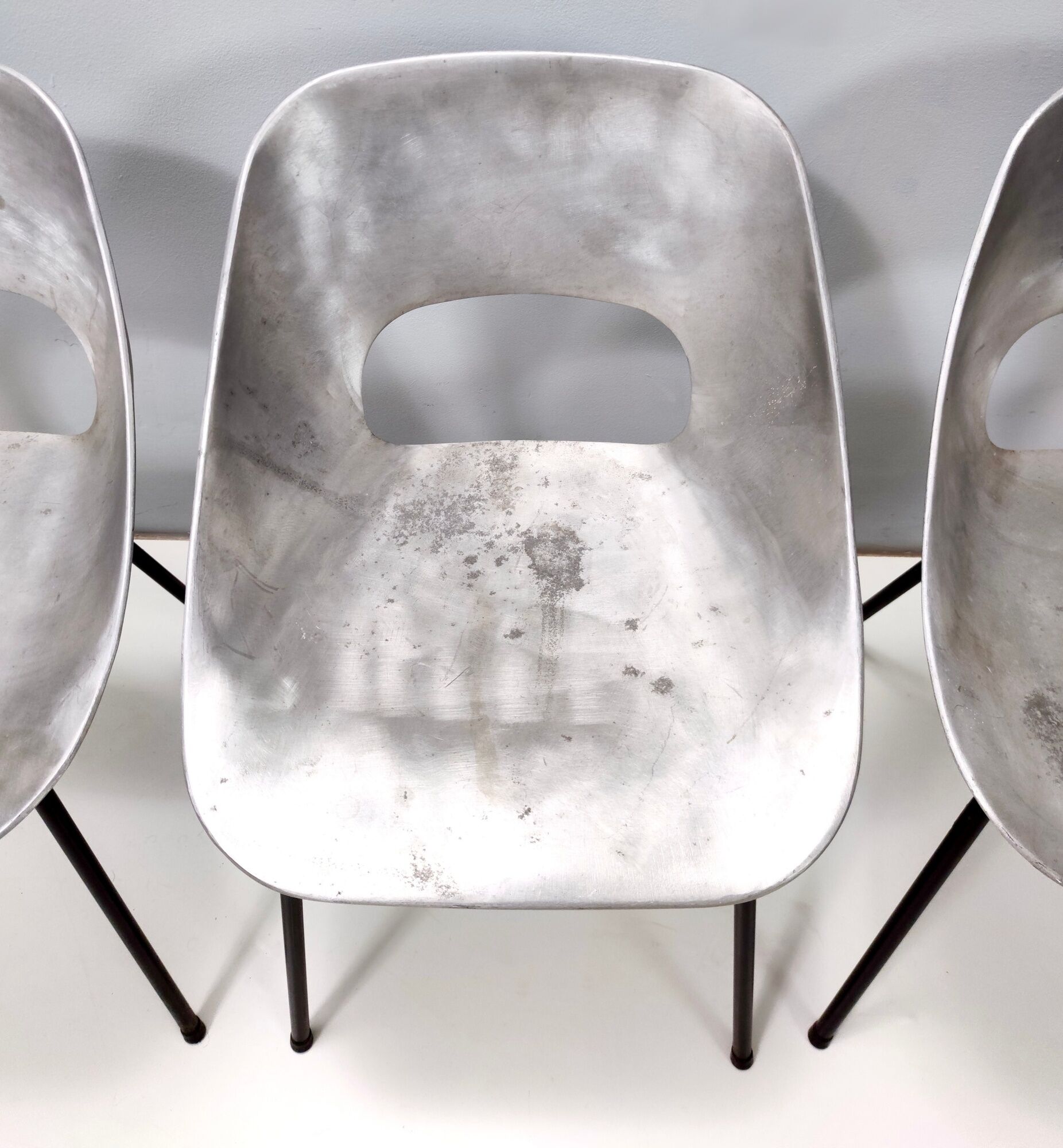 Set of Three Aluminum "Tulipe" Tonneu Chairs by Pierre Guariche, France