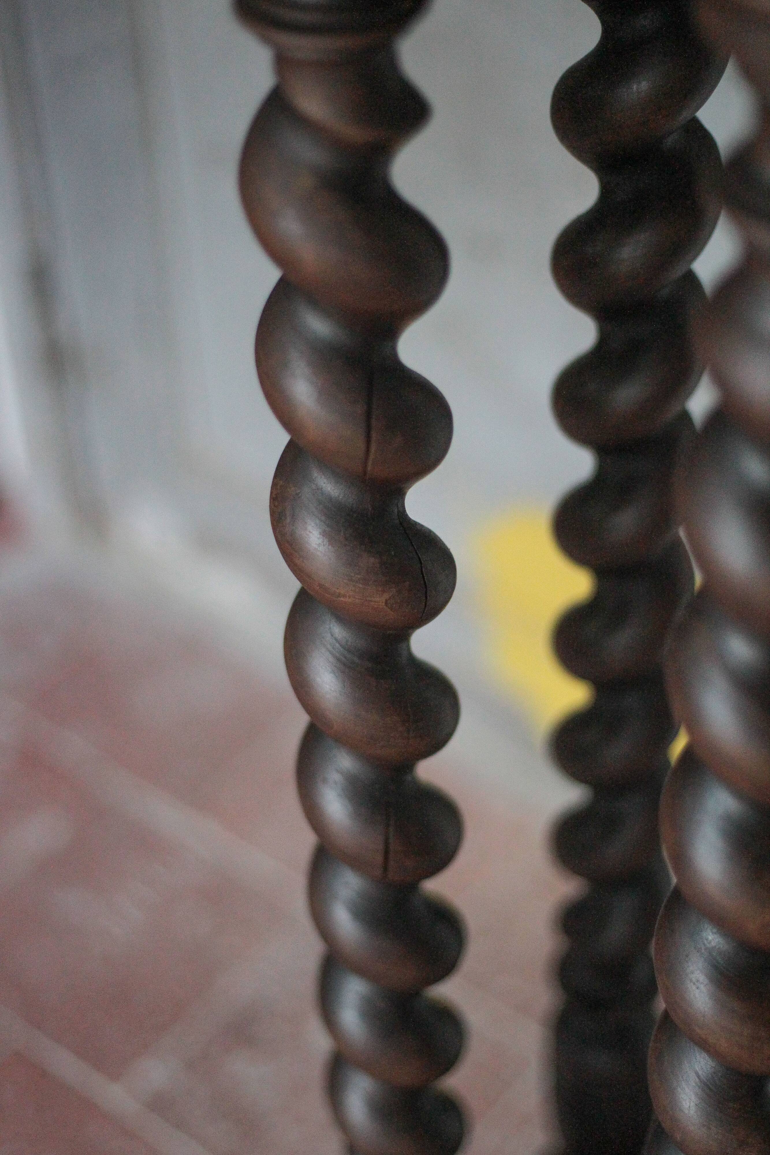 Vintage wood and marble side table, Louis XIII style turned wood pedestal table