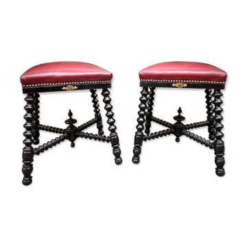 Antique Ebonized Twisted Legs Stools with Burgundy Studded Leather Seats, 1890s, Set of 2