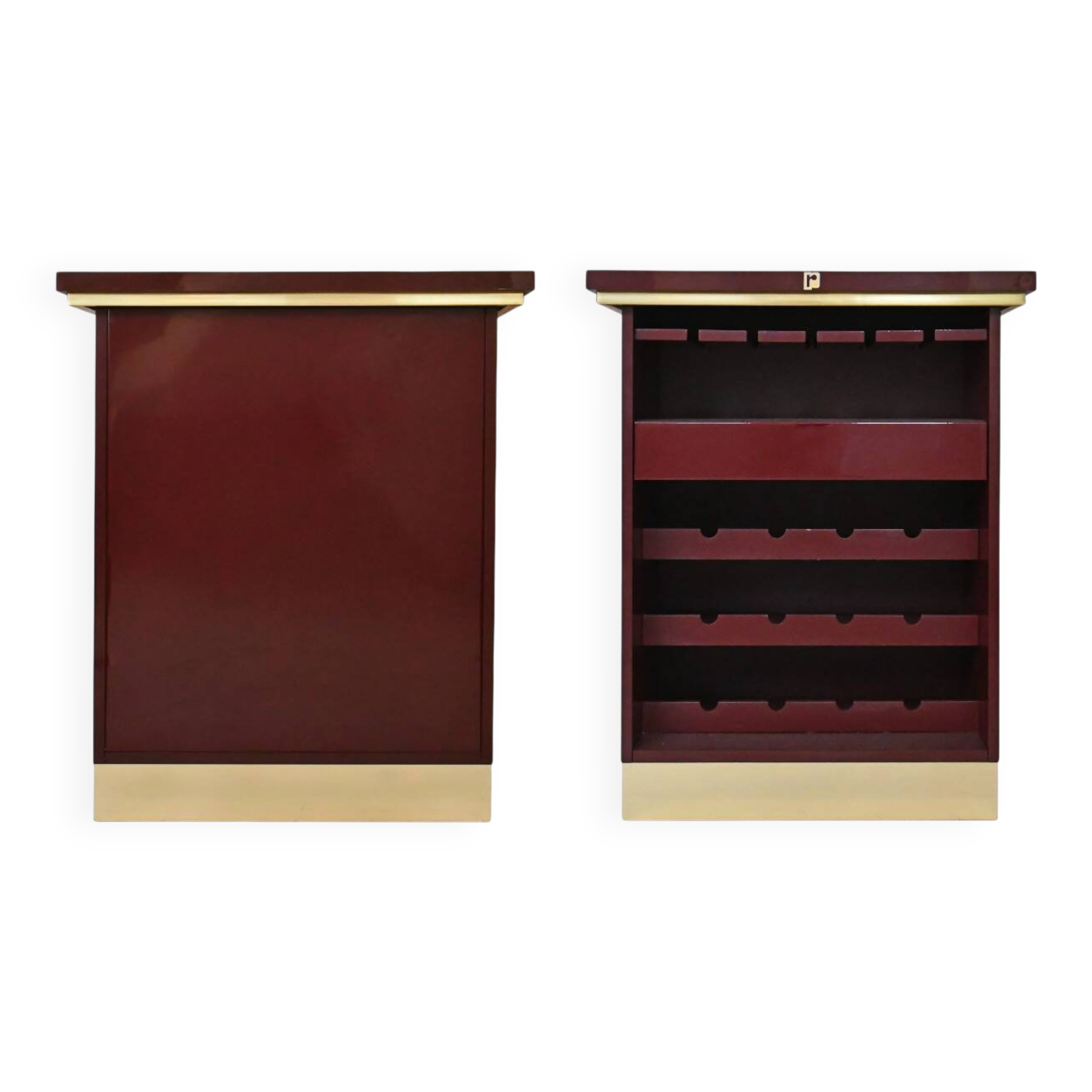 Burgundy lacquered wooden bar cabinet by designer Paco Rabanne.