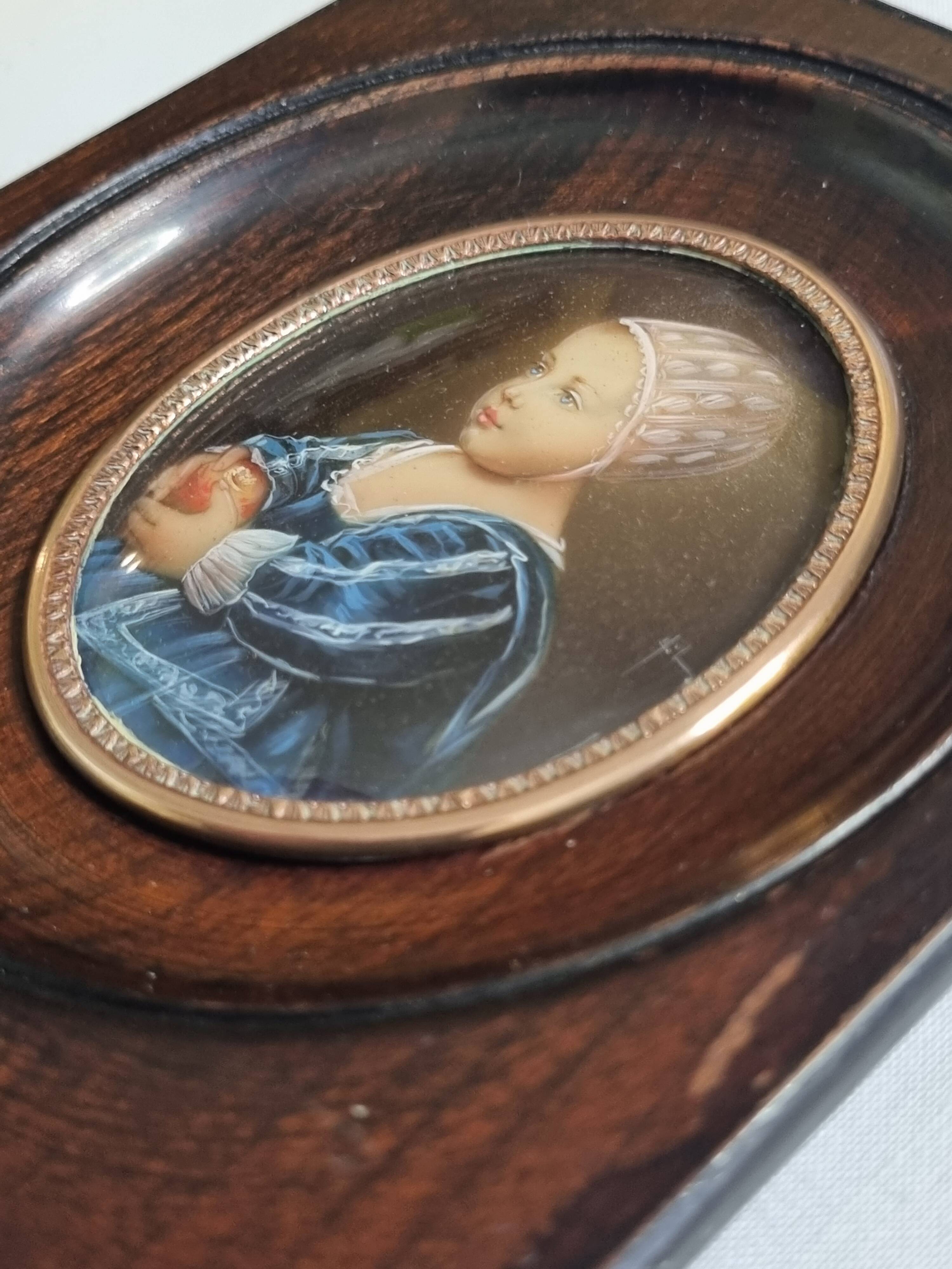 Painted miniature "Baby Stuart" after Van Dyck, wooden frame, signed, 11x13 cm.