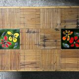 Table basse en rotin avec carreaux de céramique, années 60