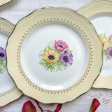 6 vintage porcelain dinner plates with white and golden yellow floral pattern L'Amandinoise "Coopélia" - Vintage floral tableware
