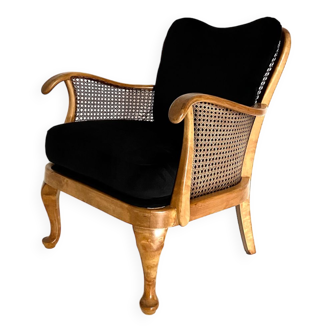 Fauteuil art déco en cannage et velours, France années 1930