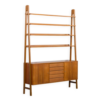 Scandinavian freestanding teak bookcase with sideboard and 3 wide shelves, 1960s