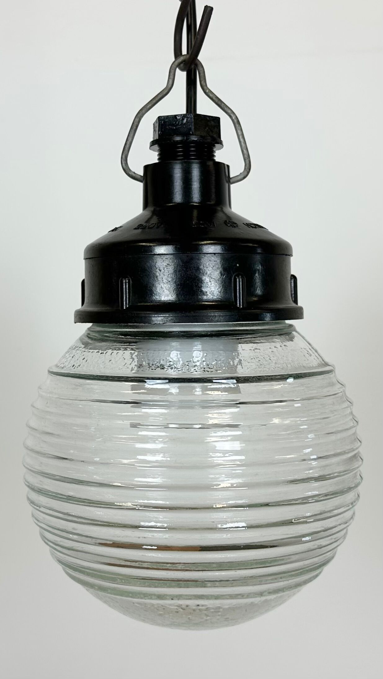 Industrial bakelite pendant light with ribbed glass, 1970s