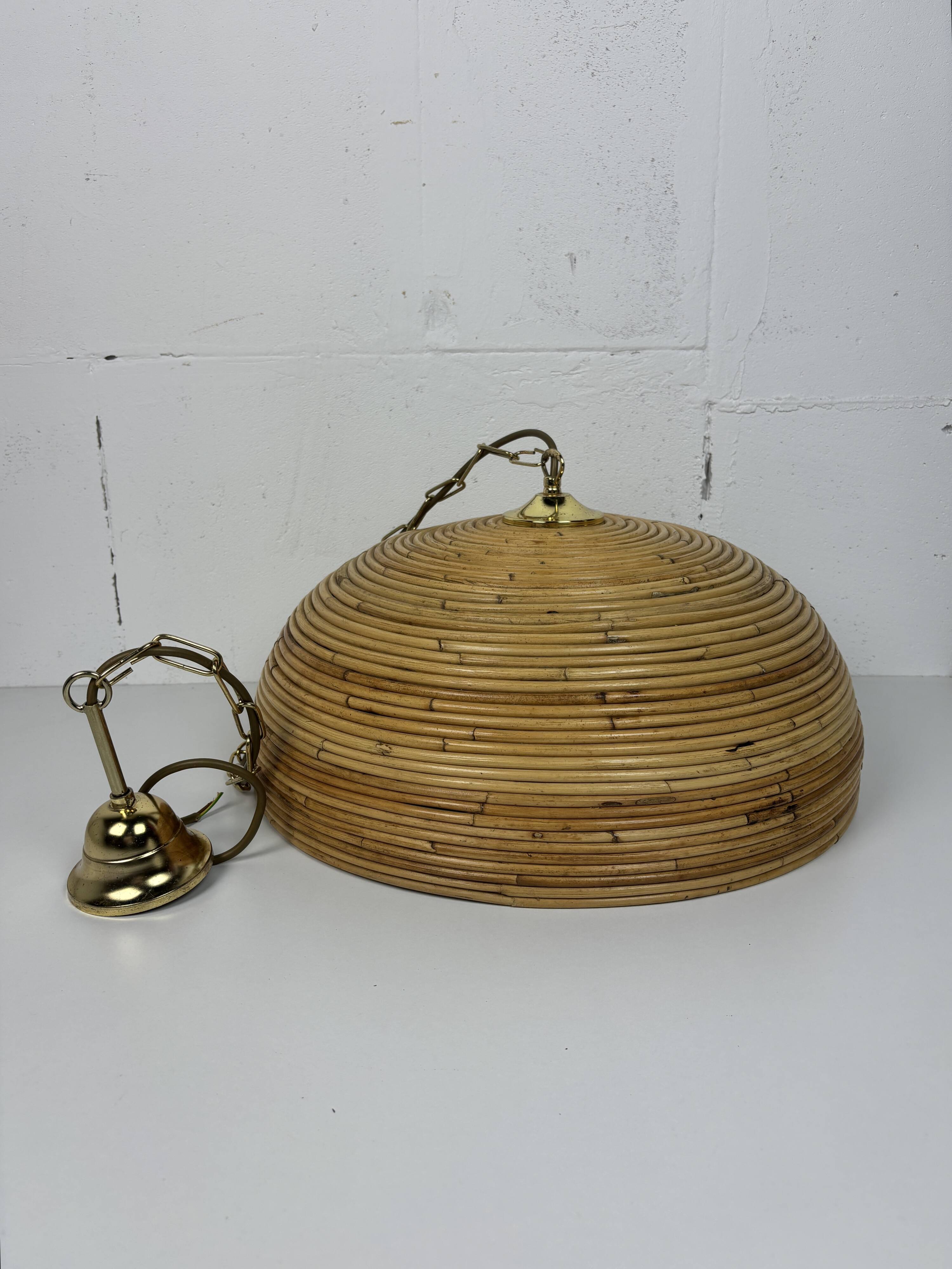 Midcentury Pencil Reed, Rattan, Bamboo and Brass Pendant Hanging Lamp, 1970