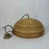 Midcentury Pencil Reed, Rattan, Bamboo and Brass Pendant Hanging Lamp, 1970