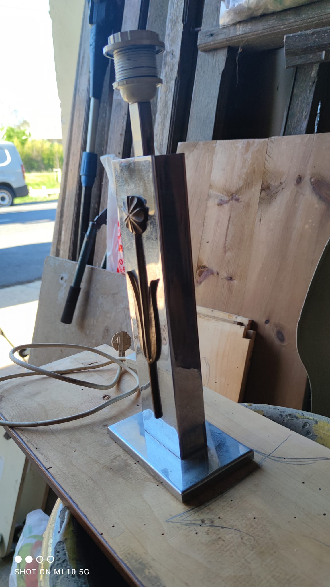 Chrome and bronze metal lamp, circa 1970