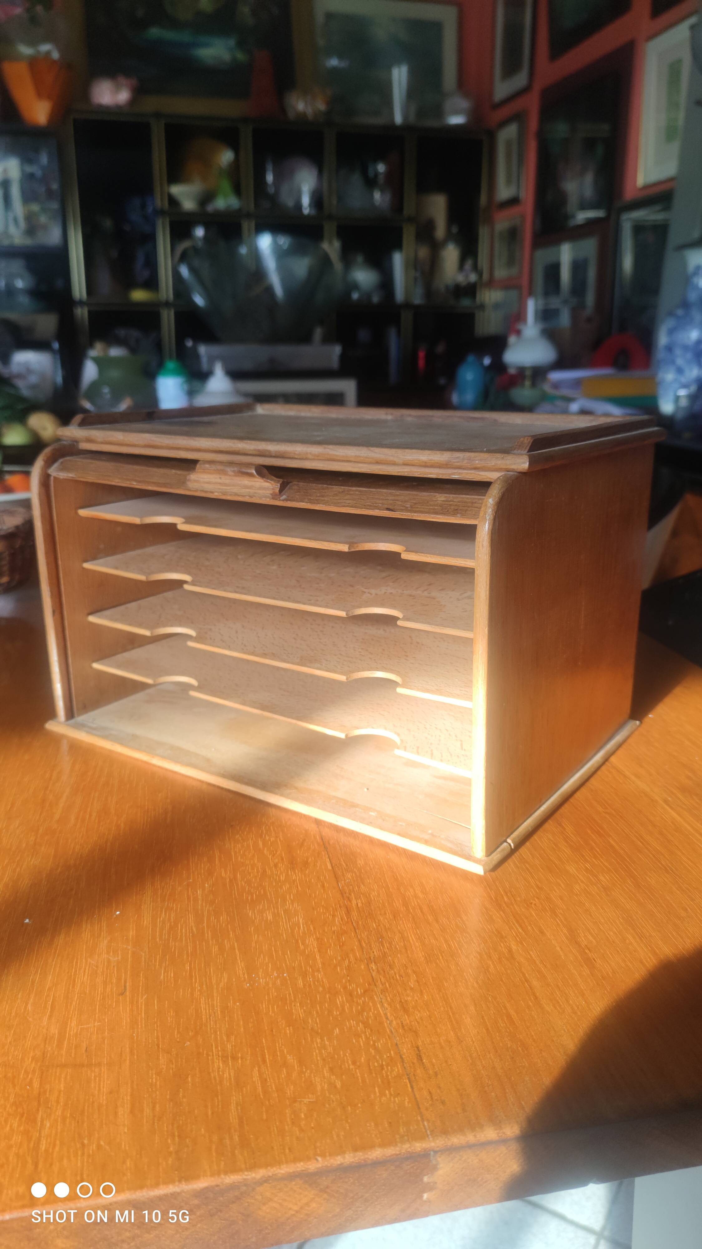 Oak roll-top desk organizer, circa 1930