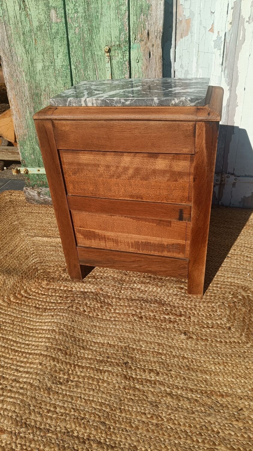 Antique bedside table in solid oak with a marble top.