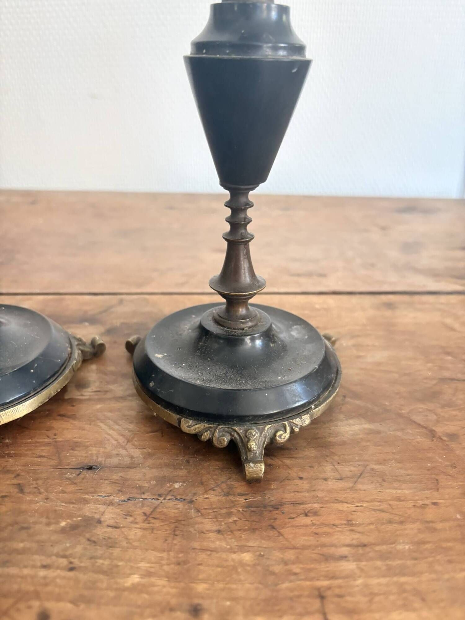 Pair of Antique Patinated Bronze and Brass Candle Holders Napoleon III Fireplace Garnish