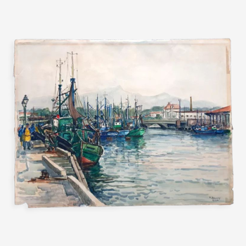 Aquarelle sur papier "Port de Saint Jean de Luz (Pyrénées Atlantique)"  André Duculty (1912-1990)