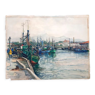 Aquarelle sur papier "Port de Saint Jean de Luz (Pyrénées Atlantique)"  André Duculty (1912-1990)