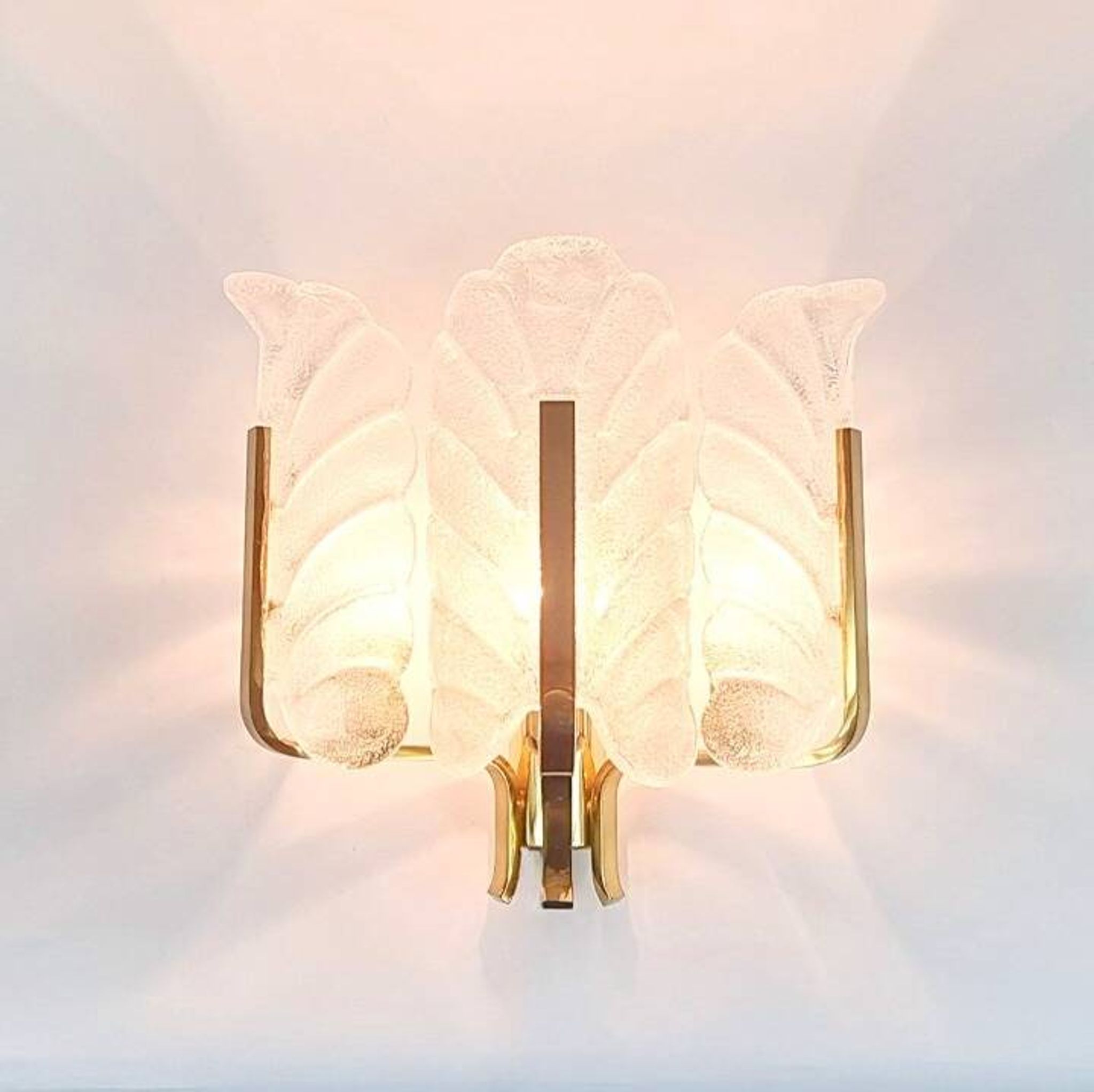 Pair Of Large Scandinavian Glass & Brass Leaf Wall Lights/Sconces By Carl Fagerlund, 1960s