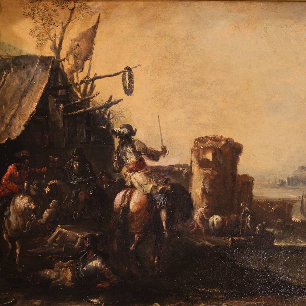 Great 18th century painting landscape with knights