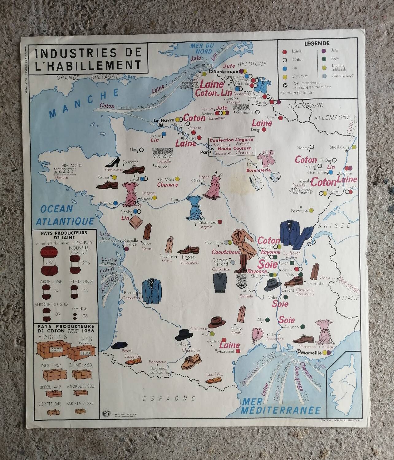 Vintage school map of France "Commerce and Clothing"
