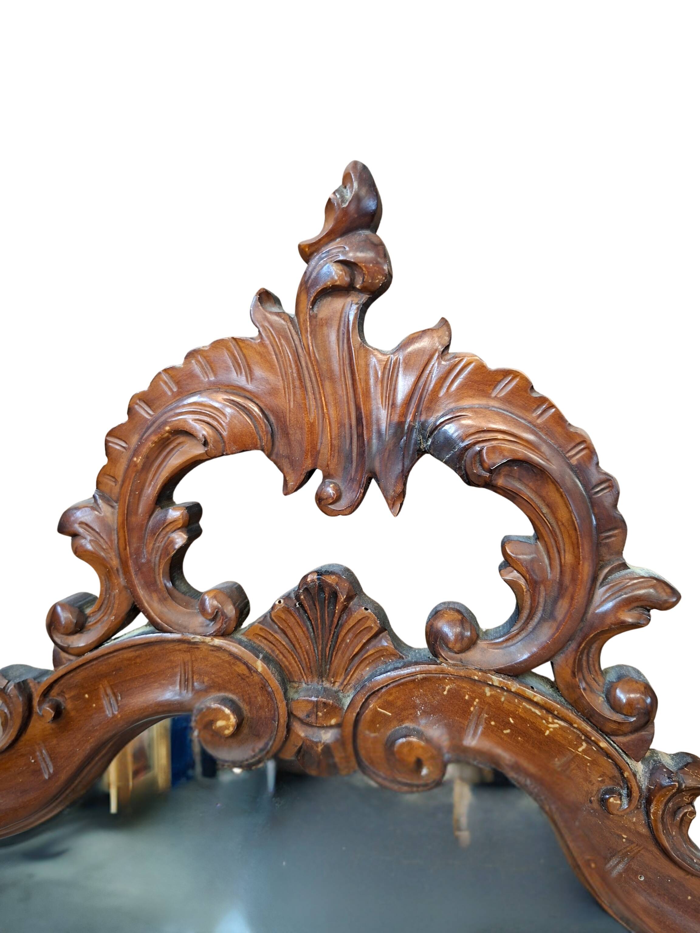 Specchio Antico Originale 1870 In Noce Massello Intagliato Stile Rococò