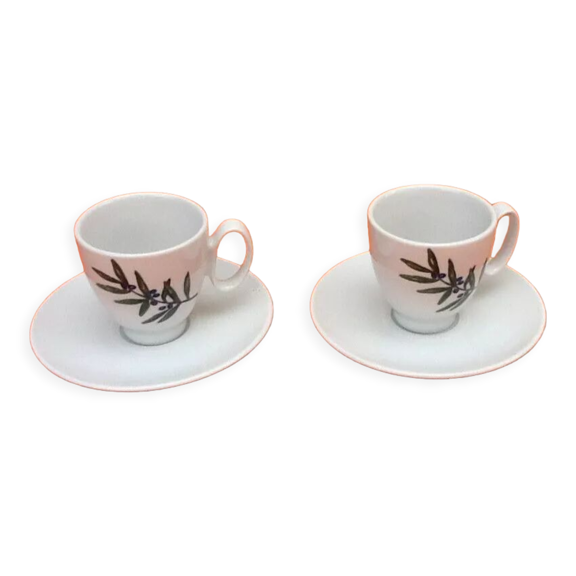 Set of 2 Guy Degrenne porcelain coffee cups with saucers