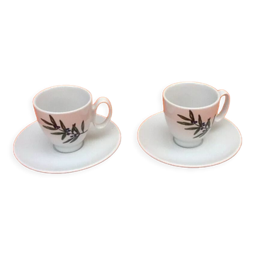 Set of 2 Guy Degrenne porcelain coffee cups with saucers