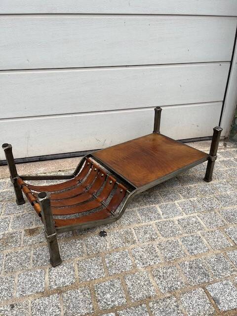Wrought iron and leather coffee table, brutalist style, 1970s