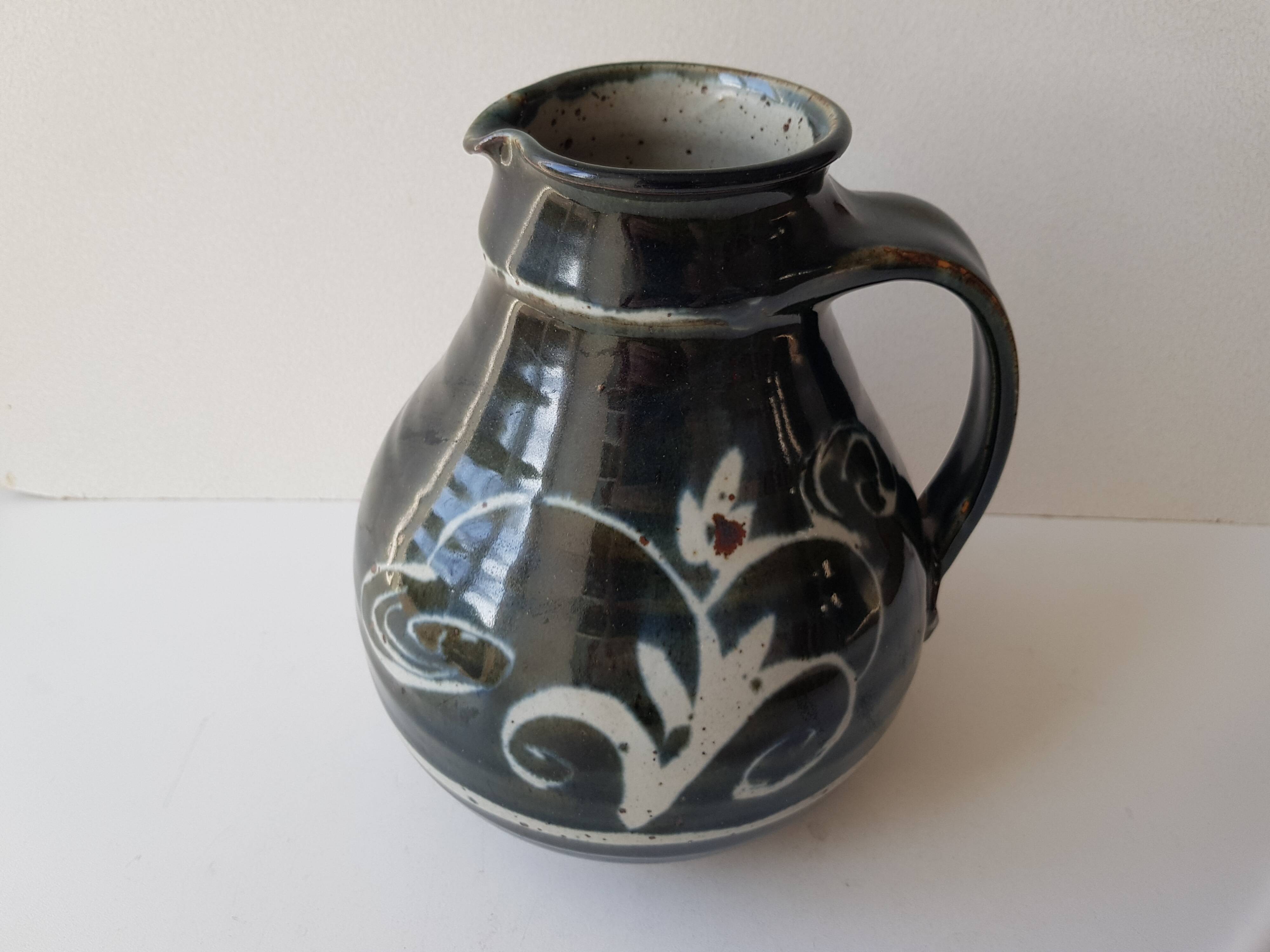 Glazed ceramic pitcher Signature identified signed Sceugau Coliutu