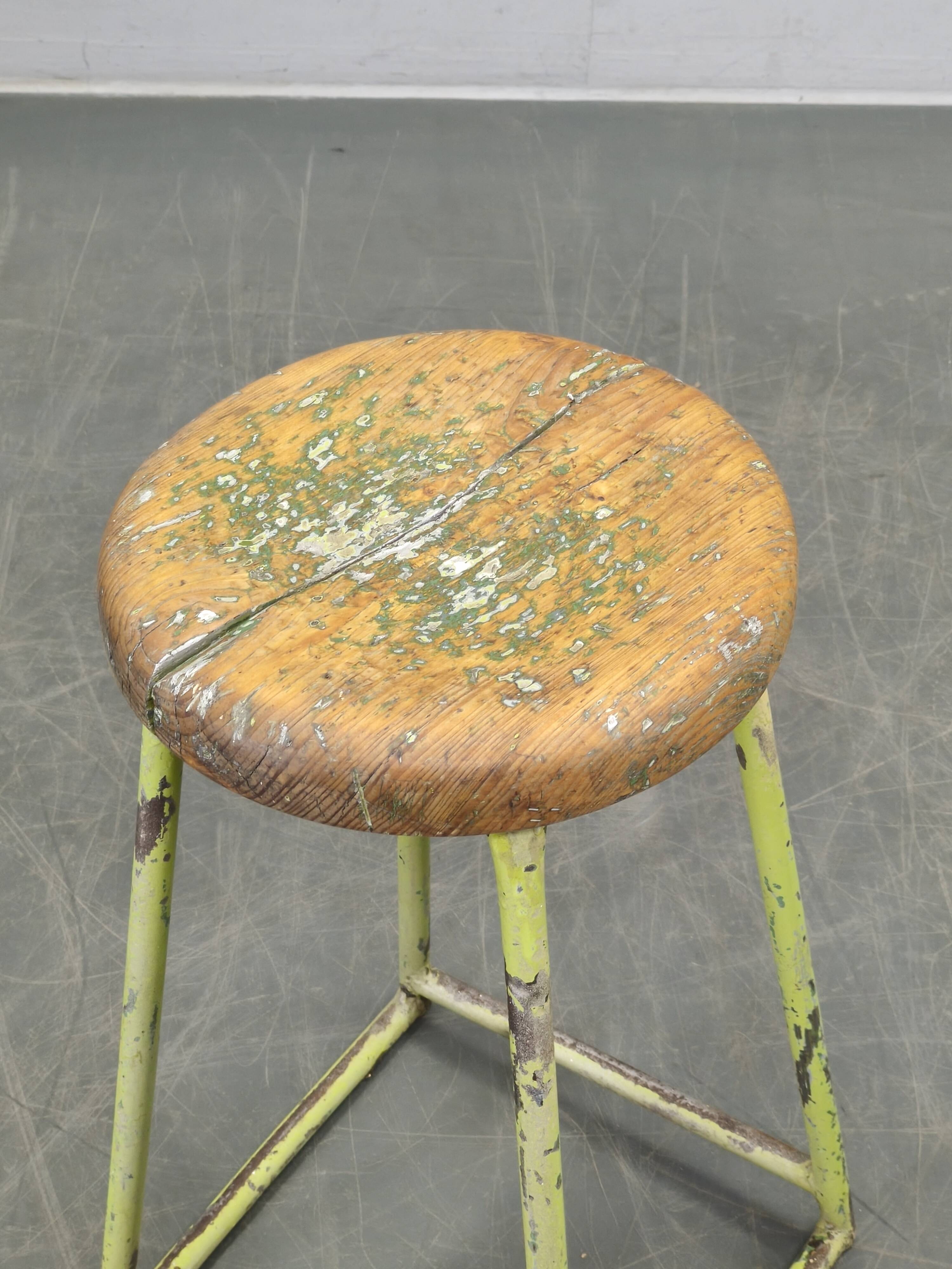 1940s Czech Industrial Stool with Pine Seat and Green Patina