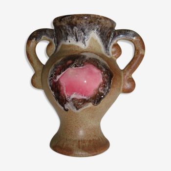 Vallauris Vase with Handles Ceramic Enamelled Beige Brown Pink