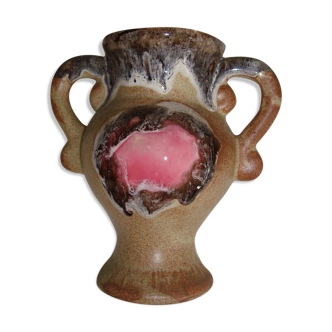 Vallauris Vase with Handles Ceramic Enamelled Beige Brown Pink