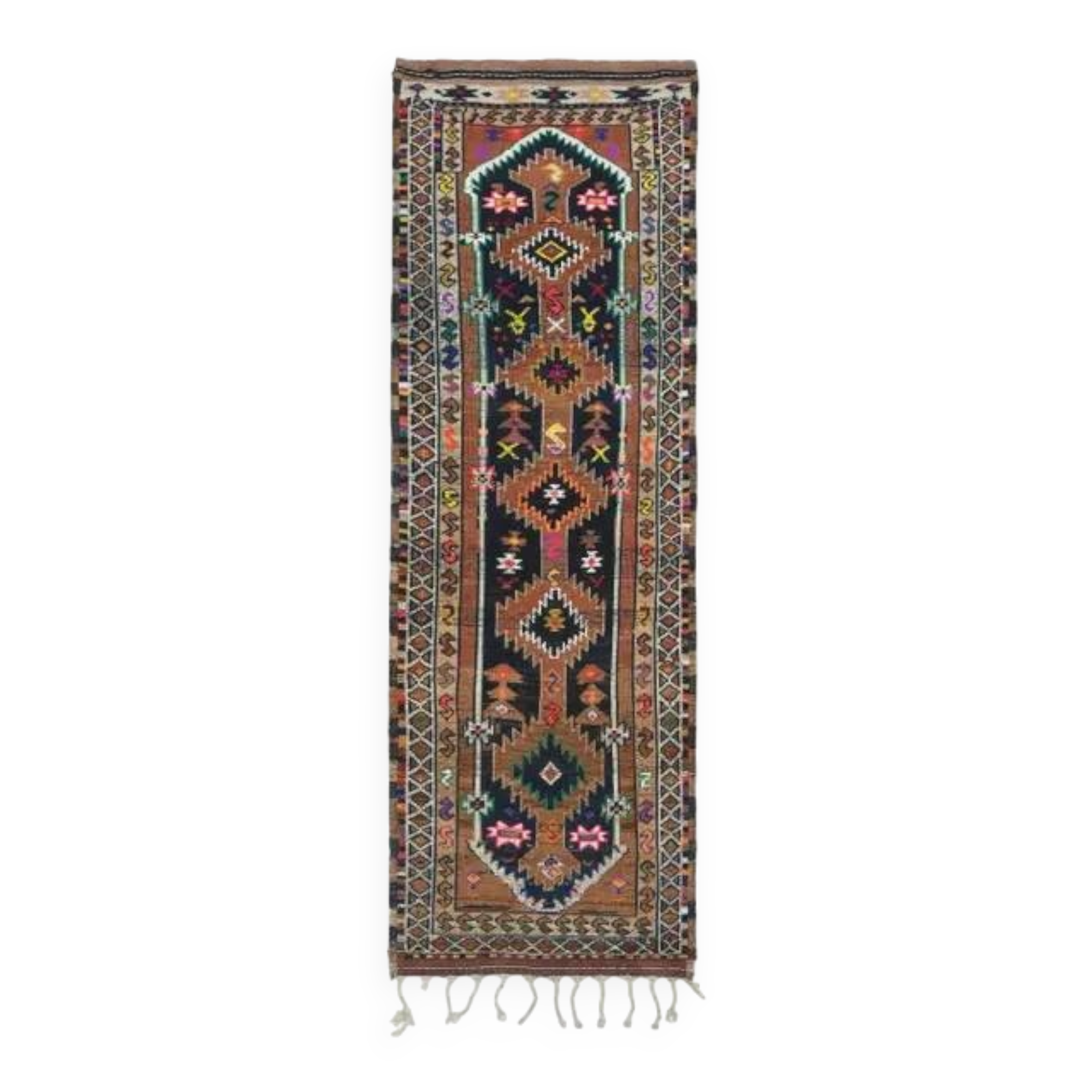 1970s Vintage Turkish Oushak Handmade Wool Cotton Brown Runner Rug 96x301