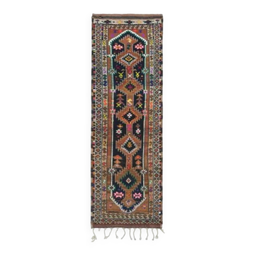 1970s Vintage Turkish Oushak Handmade Wool Cotton Brown Runner Rug 96x301