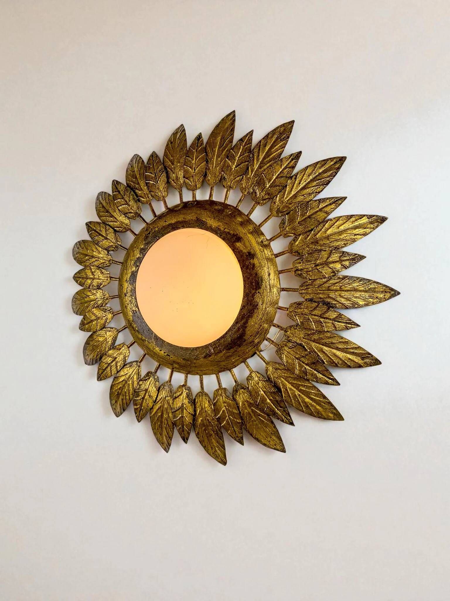 Spanish sunburst ceiling light – opaline glass & gilt iron foliage, 1960s