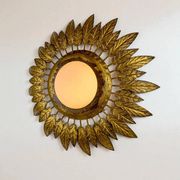 Spanish sunburst ceiling light – opaline glass & gilt iron foliage, 1960s