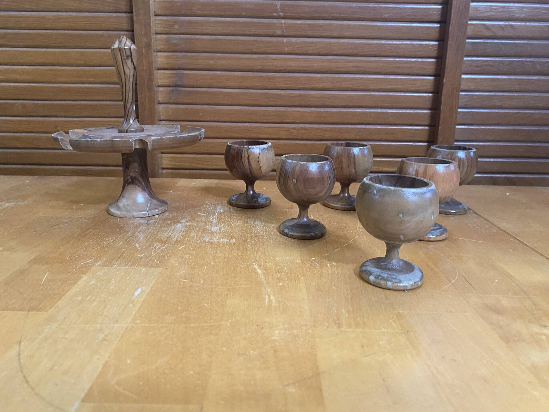 Rotating Display Stand 6 Egg Cups Olive Wood & Teak 1960s Vintage