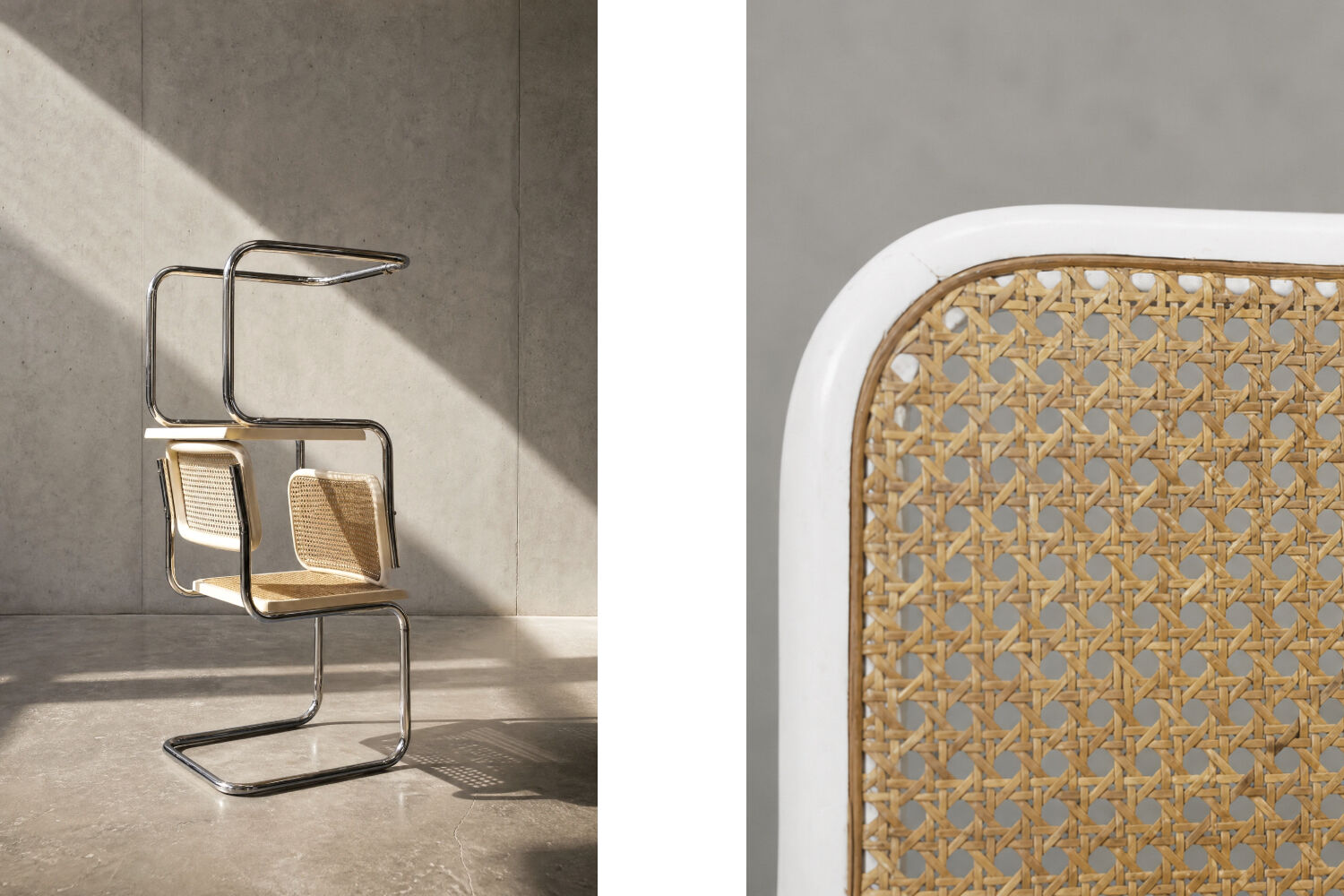 Set of 2 Vintage MidCentury Italian Modern White Wood&French Wicker Chairs