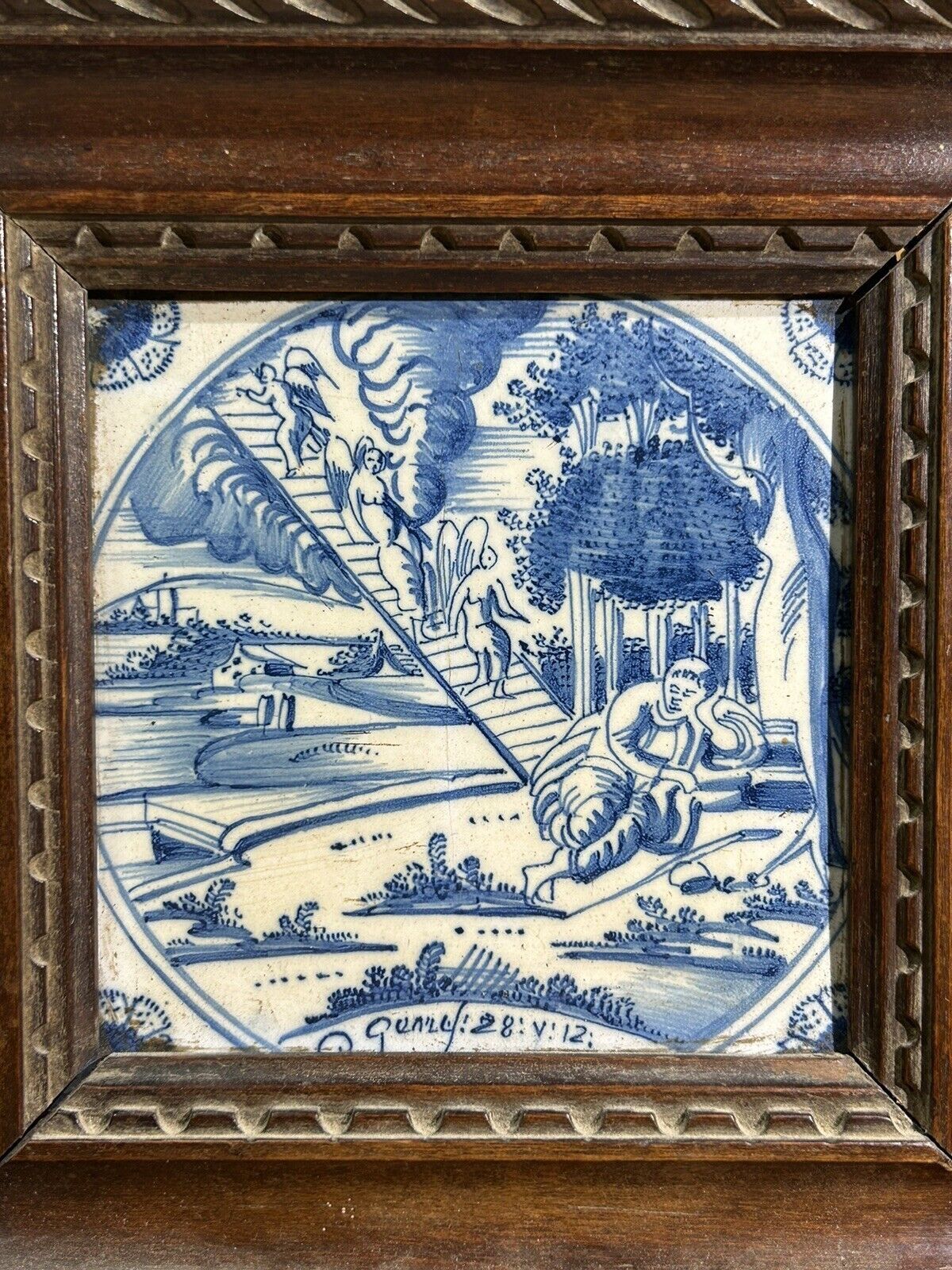 Old Delft tile, eighteenth century, old frame, scene man sleeper, signed