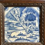 Old Delft tile, eighteenth century, old frame, scene man sleeper, signed