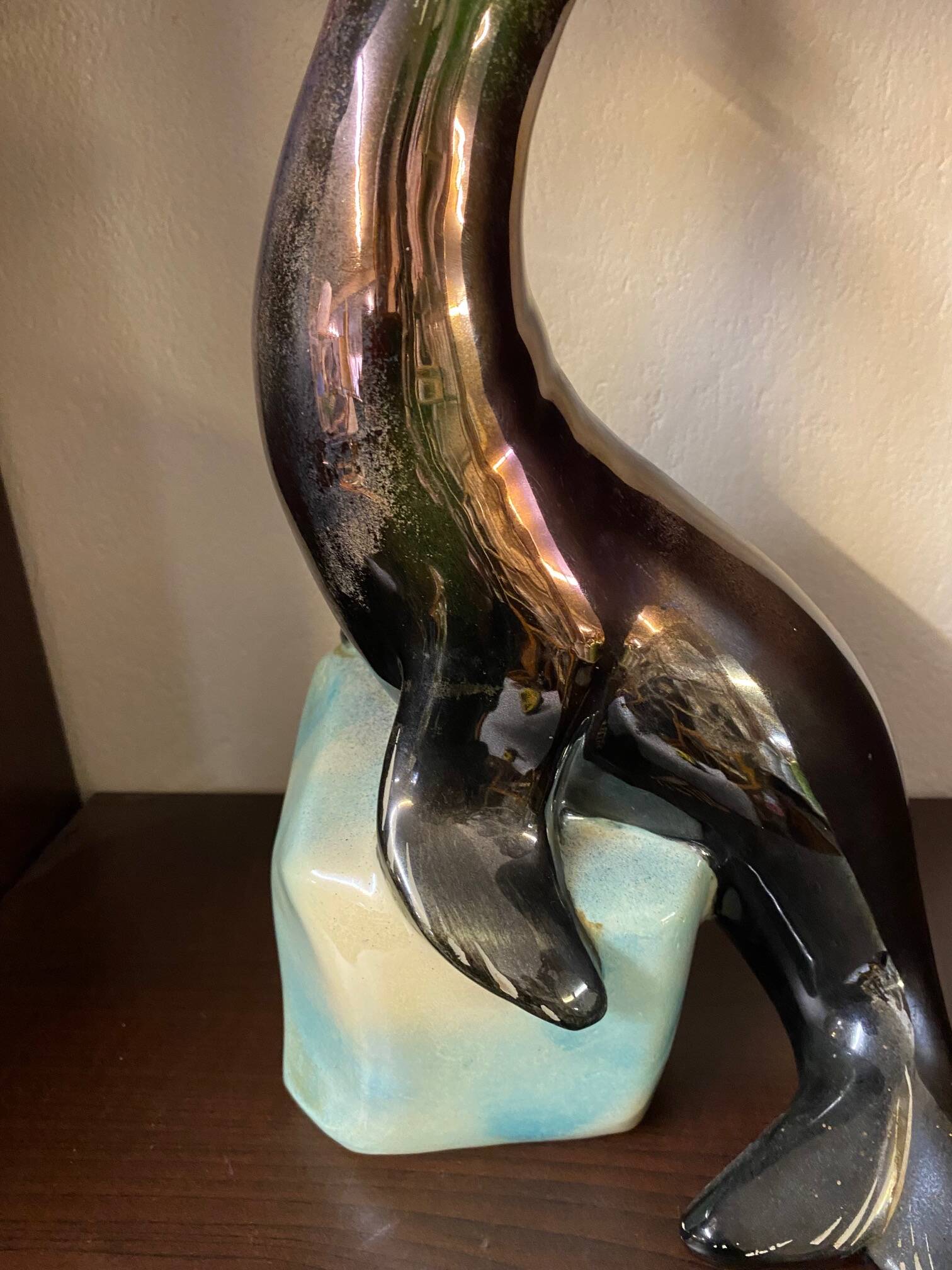 1950s Ceramic Sea Lion Lamp with Black Varnished Enamel, Signed