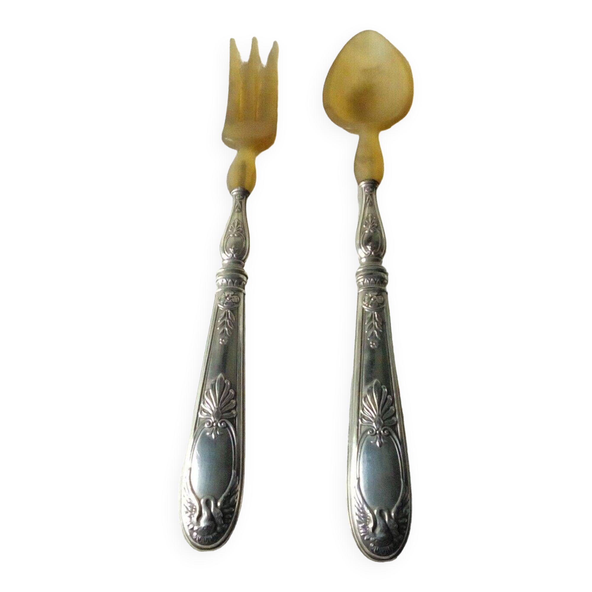 Horn salad cutlery, silver handle, late 19th century