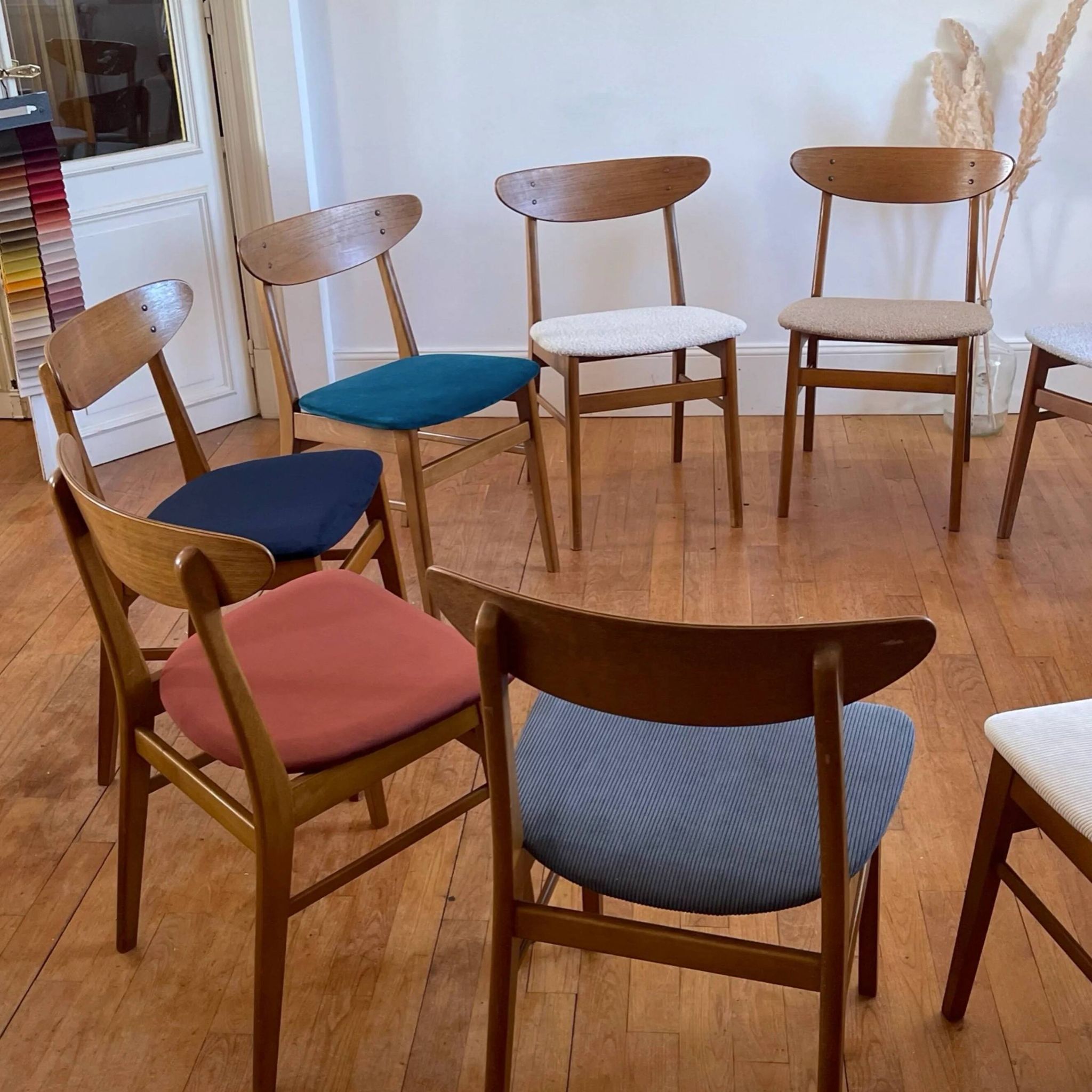 Vintage Farstrup 210 Scandinavian chairs in stained beech and teak.