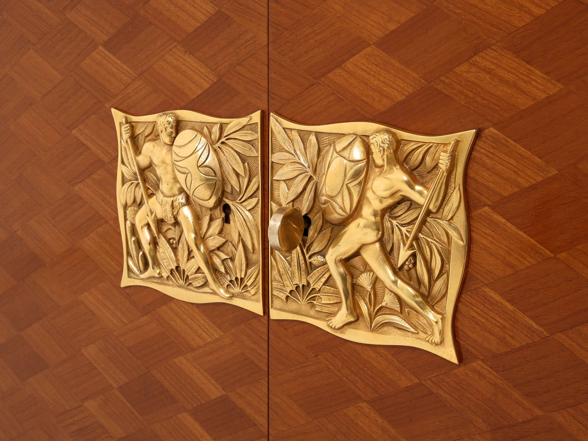 Jules Leleu cherry wood cabinet with marquetry, 2 doors, bronze, 1940.